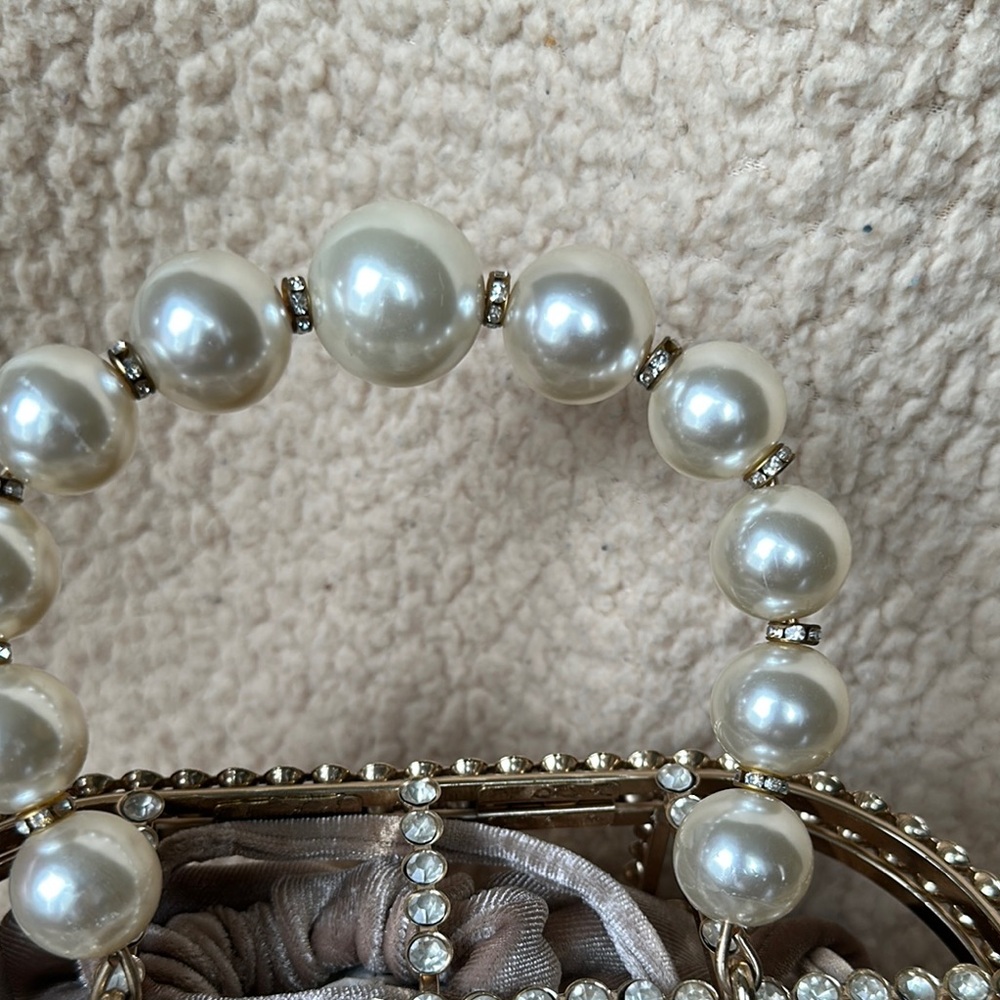 Cream Clutch with Rhinestone Embellishments and Pearl Handle - Picture 3 of 3